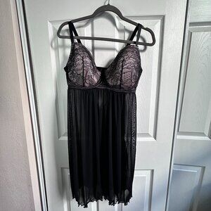 Parfait Size 38E Black Sheer Babydoll Nightie Lingerie Padded Underwire w Lace